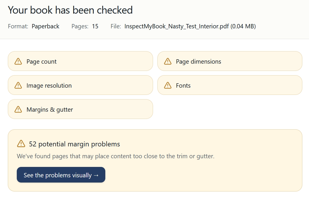 Example InspectMyBook report showing 52 potential margin problems with a link to see the problems visually